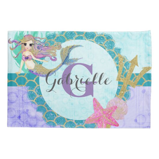 Housse D'oreillers Aquarelle mignonne sirène Turquoise et violet (Dos)