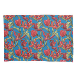 Housse D'oreillers Arrière - plan bleu français avec tulipes rouges