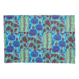 Housse D'oreillers Art floral bleu et vert maximaliste vibrant