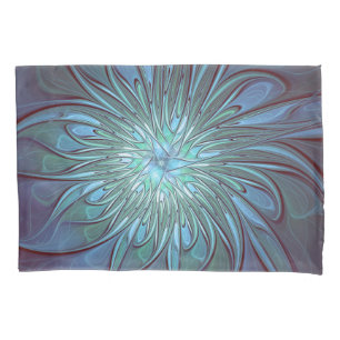 Housse D'oreillers Art fractal de fleurs bleues moderne abstrait tend