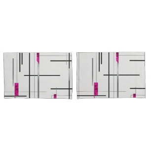Housse D'oreillers Art Linéaire Abstrait Noir, Argent & Fuschia