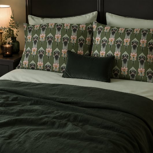 Housse D'oreillers Autruche Rose Fleurs Vert Olive Art Déco