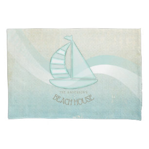 Housse D'oreillers Beach House Nautical Voilier Aqua Blue ID623