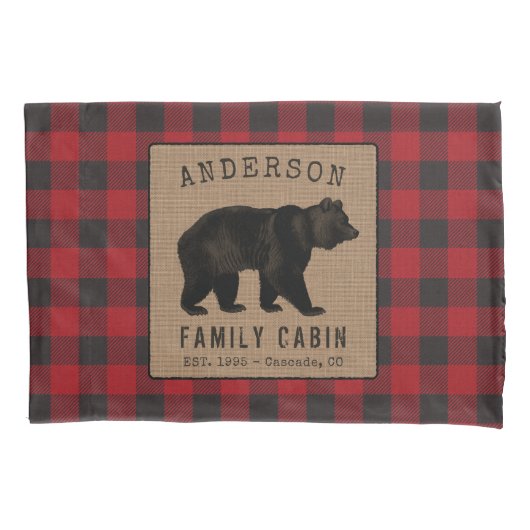 Housse D'oreillers Bear Family Cabine Red Buffalo Plaid Burlap (devant)