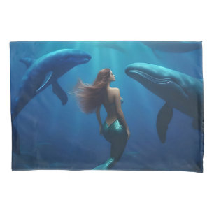 Housse D'oreillers Belle Sirène Nager Avec Baleines À Bosse,