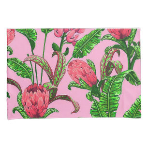 Housse D'oreillers Belles feuilles vertes tropicales avec fleurs roug
