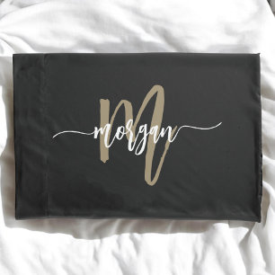 Housse D'oreillers Black Gold Modern Script Girl Monogramme Nom