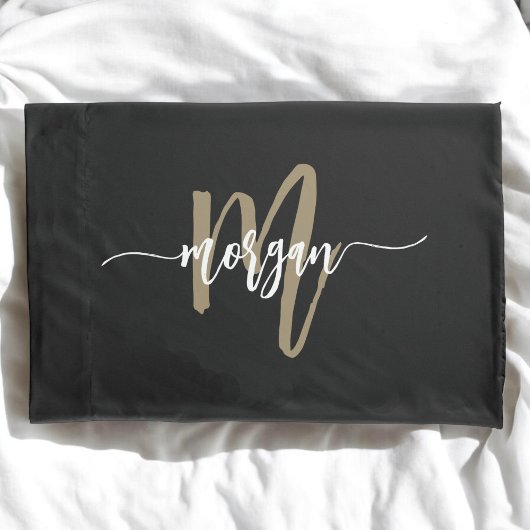 Housse D'oreillers Black Gold Modern Script Girl Monogramme Nom