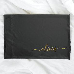 Housse D'oreillers Black Gold Modern Script Nom du monogramme de la f