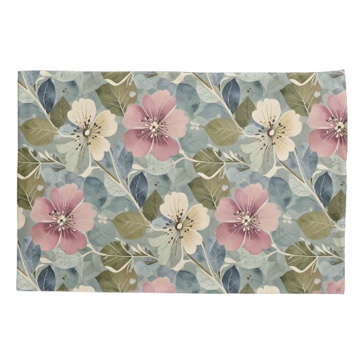 Housse D'oreillers Bleu Duché avec Mauve et Fleurs Blanches (Dos)