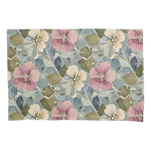 Housse D'oreillers Bleu Duché avec Mauve et Fleurs Blanches (devant)
