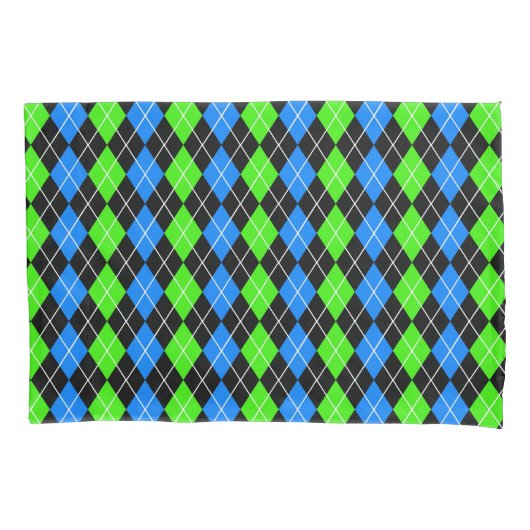 Housse D'oreillers Bleu Vert Noir Design Diamant Argyle (devant)