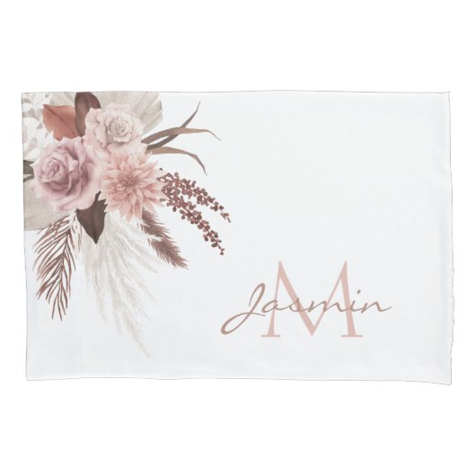 Housse D'oreillers Boho Pampas Rose Grass Fleurs séchées Monogramme (devant)