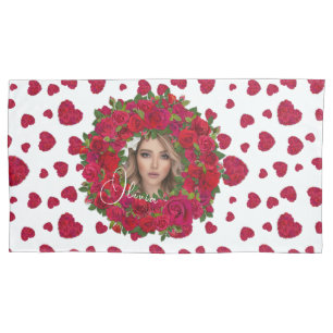 Housse D'oreillers Bordure de photo de roses roses rouges foncées rom