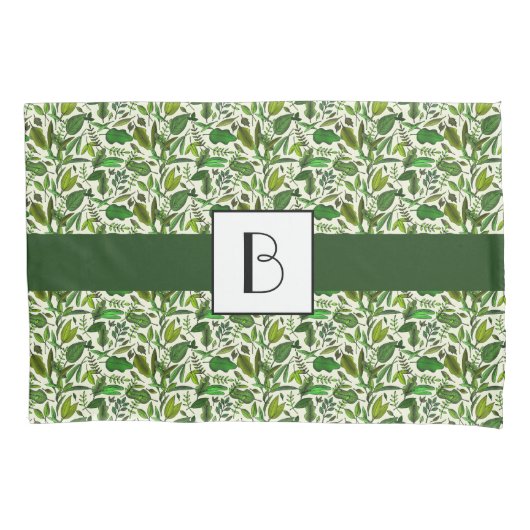 Housse D'oreillers Botanique Vert Feuille Motif de feuillage Monogram (devant)