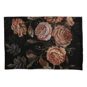 Housse D'oreillers Broderie vintage : roses sur noir.