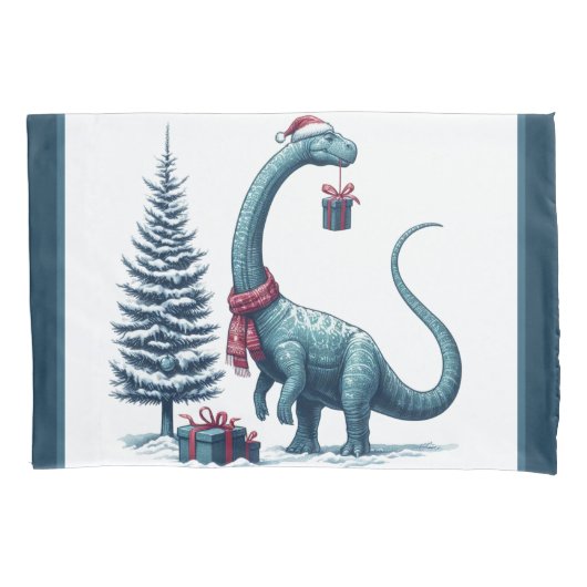 Housse D'oreillers Brontosaurus dinosaure de Noël (devant)
