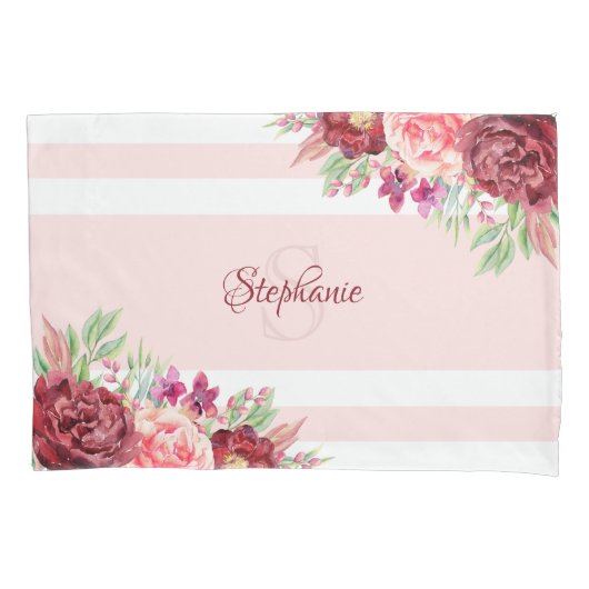Housse D'oreillers Burgundy Blush Floral Stripes Nom du monogramme (devant)