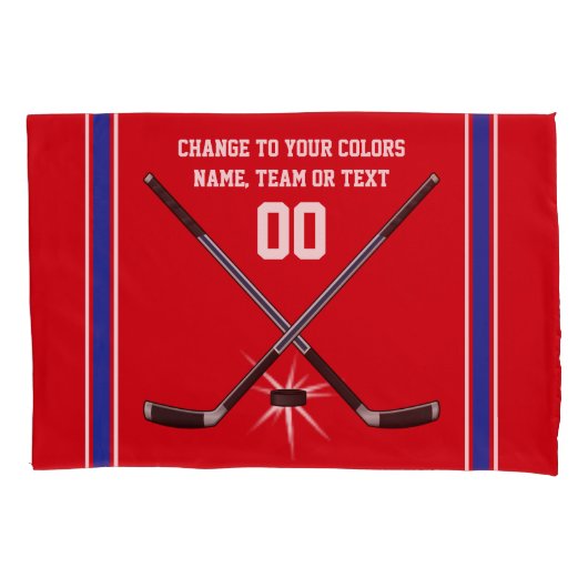 Housse D'oreillers Caisse blanche et bleue rouge de coussin d'hockey (devant)
