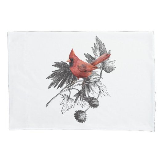 Housse D'oreillers Cardinal rouge sur branche noire et blanche (devant-gauche)