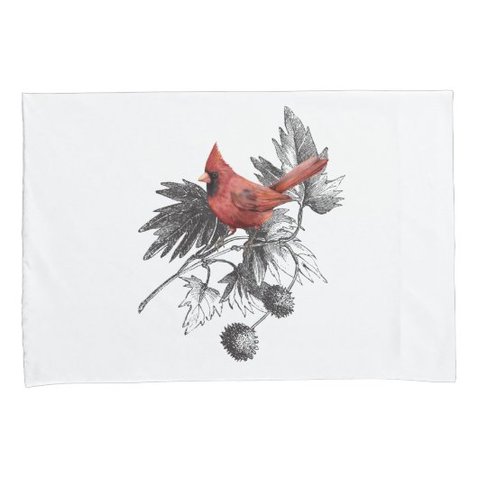 Housse D'oreillers Cardinal rouge sur branche noire et blanche (devant-Droit)