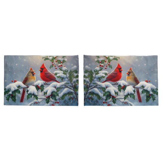 Housse D'oreillers Cardinaux rouges et Holly en neige (Dos-Set)