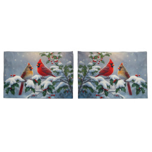 Housse D'oreillers Cardinaux rouges et houx dans la neige
