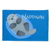 Housse D'oreillers Caricature bleu loutre de mer joyeux (Dos)