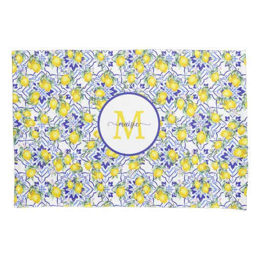 Housse D'oreillers Carreau de nom monogrammé Lemon Blue French Countr (devant)