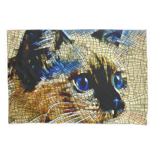 Housse D'oreillers Carreaux de mosaïque de chats siamois bleu