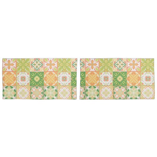 Housse D'oreillers Carreaux ornés en vert et jaune (devant-Set)