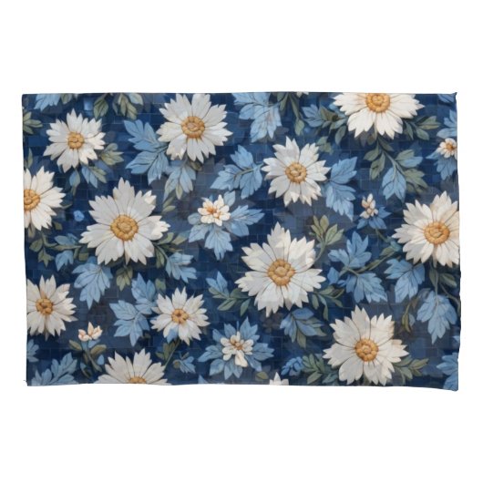Housse D'oreillers Carrelage bleu foncé Blanc Floral (devant)