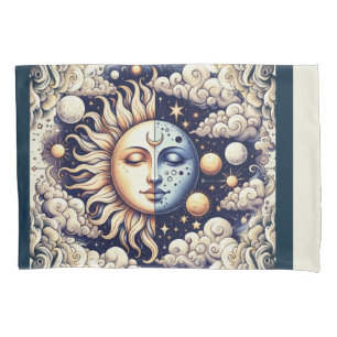 Housse D'oreillers Céleste Vintage Demi Soleil & Lune Bleu Jaune