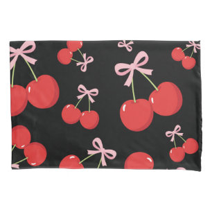 Housse D'oreillers Cerises Rouges avec Nœud Rose Chic de Cottage Coqu
