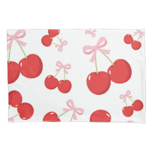 Housse D'oreillers Cerises Rouges avec Nœud Rose Chic de Cottage Coqu
