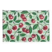 Housse D'oreillers Cerises rouges sur en vichy vert clair (Dos-Droit)