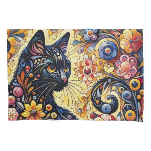 Housse D'oreillers Chat Whimsical Noir Abstrait peinture florale Art (devant-gauche)