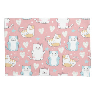 Housse D'oreillers chats potelés en bleu pastel, blanc et rose