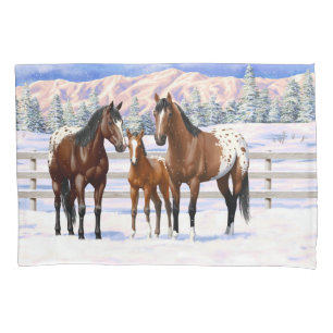 Housse D'oreillers Chevaux Appaloosa De Baie Brown En Neige