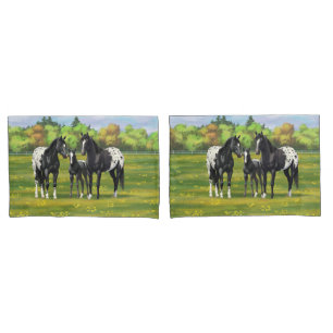 Housse D'oreillers Chevaux Appaloosa Noir Dans Les Pâturages D'Été