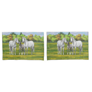 Housse D'oreillers Chevaux Gris De La Pomme Blanche En Été