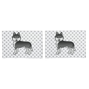 Housse D'oreillers Chien de dessin animé Husky sibérien noir et blanc
