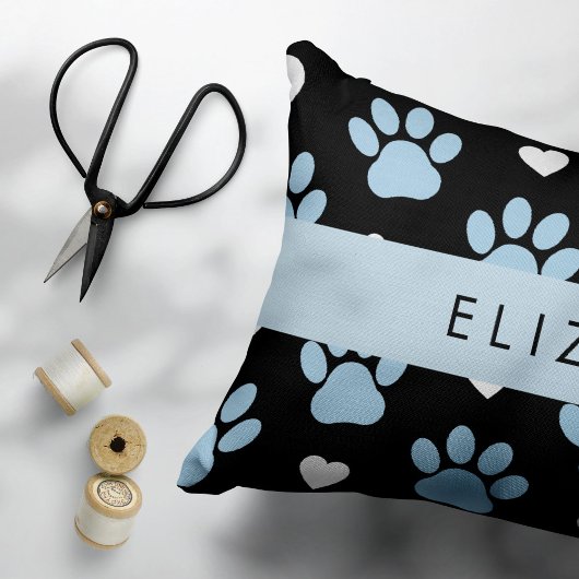 Housse D'oreillers Chien Paws, Blue Paws, White Hearts, Votre Nom
