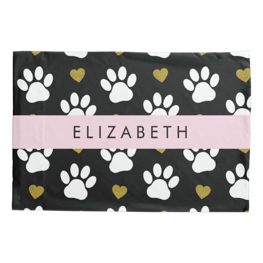 Housse D'oreillers Chien Paws, White Paws, Gold Hearts, Votre Nom (Dos)