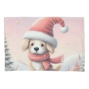 Housse D'oreillers Chiot de Noël mignon avec un chapeau de Père Noël