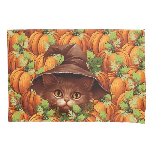 HOUSSE D'OREILLERS CITROUILLES DE THANKSGIVING CHAT MIGNON (devant)