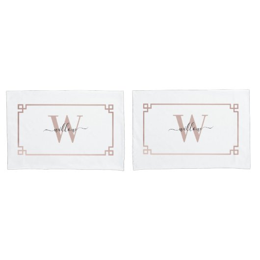Housse D'oreillers Clé grecque blanche et Rose rose or Monogramme (devant-Set)