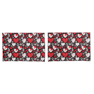 Housse D'oreillers Coeurs et fleurs rouges, noirs et blancs