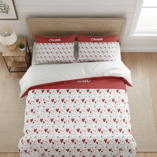Housse D'oreillers Cœurs Rétro Doodle Rouge Noir Monogramme Nom