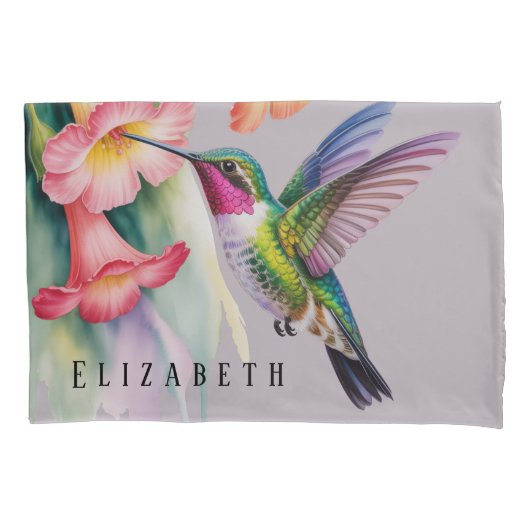 Housse D'oreillers Colibri à l'aquarelle avec fleurs (devant)
